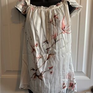 WHBM White Floral Cap-Sleeve Blouse with Pink & Brown Blooms